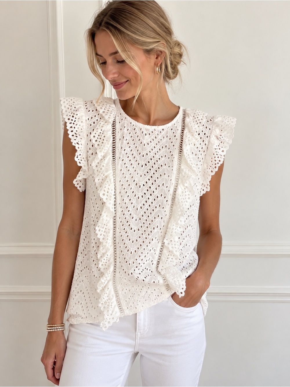 Shilla White Eyelet Cotton Ruffle Sleeveless Blouse Top Size S